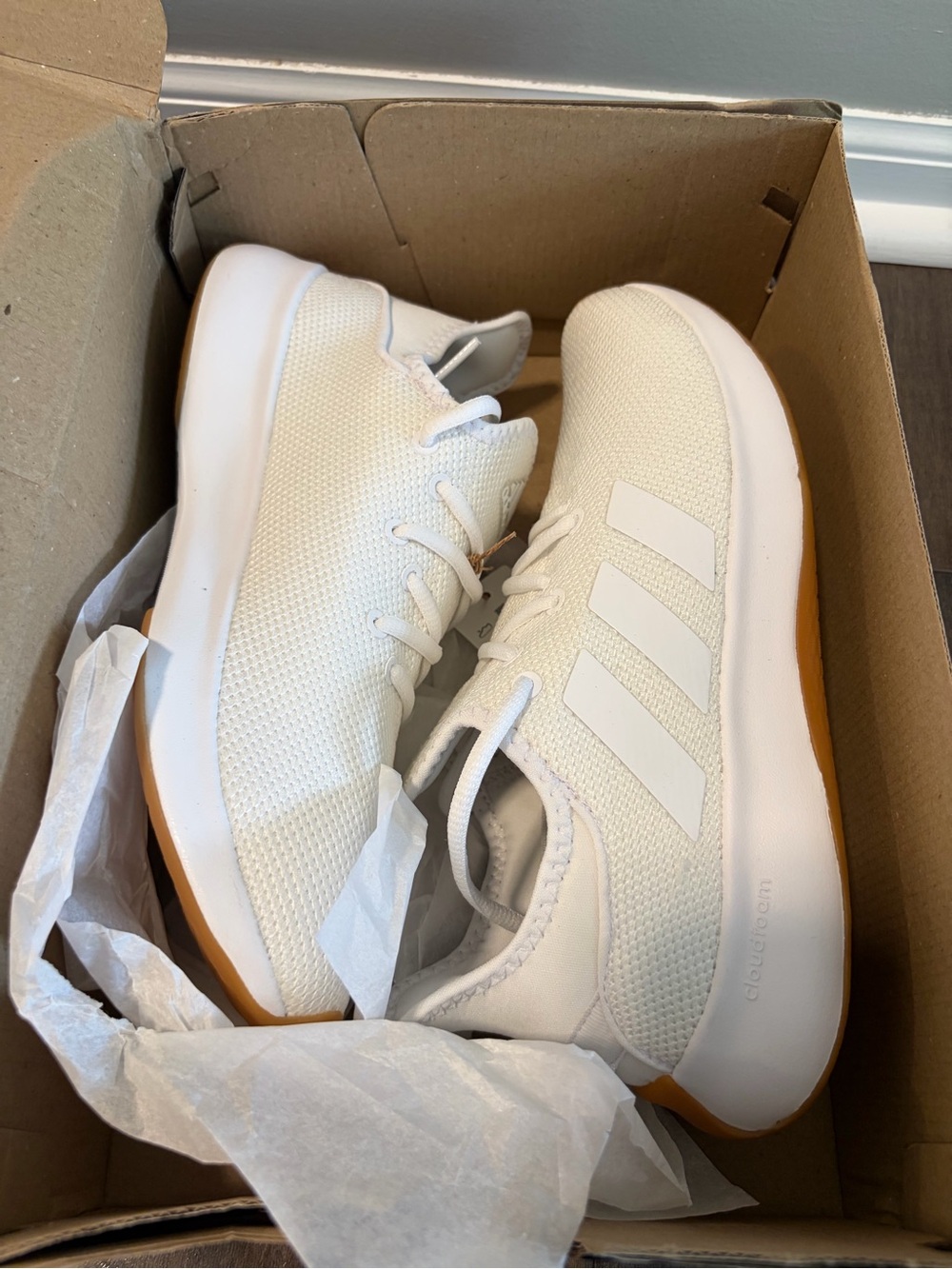 adidas Cloudfoam White Knit Sneakers with Gum Outsole